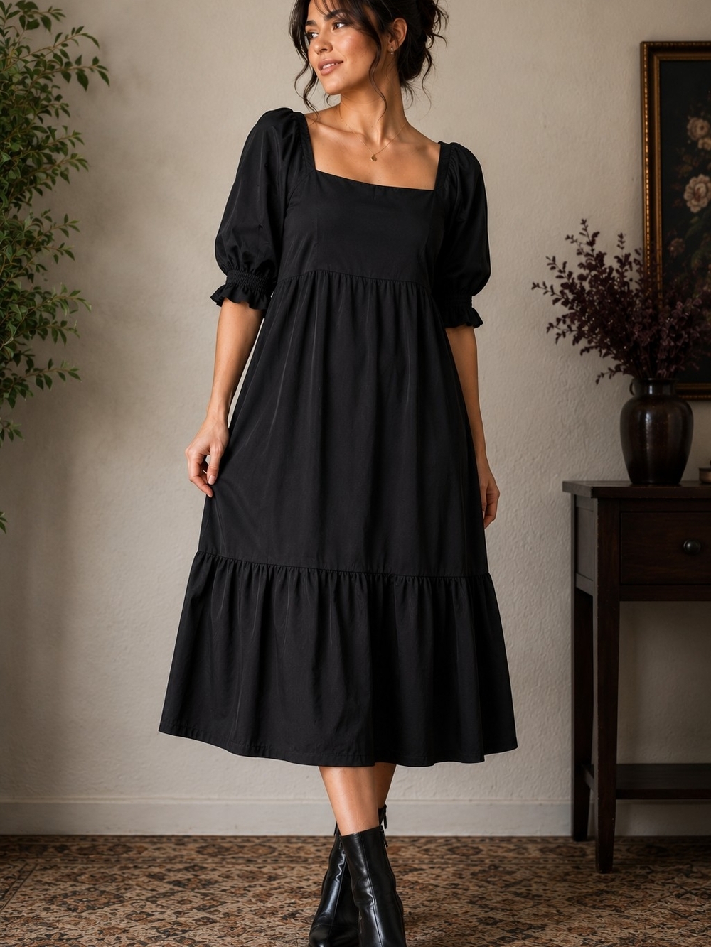 Saks Fifth Avenue Black Square Neck Puff Sleeve Midi Dress *Small Flaw*